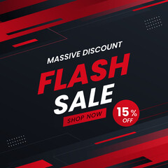 Flash Sale banner with red and black background with discount up to 15%. Shop Now. Flash Sales banner template design for social media and website. 15% off. Massive Discount.