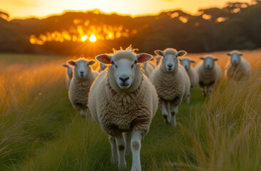 Fototapeta premium Sheep running in field at sunset. Many sheep walking in a grassy field