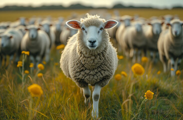 Fototapeta premium Many sheep walking in a grassy field. Sheep stands in field of yellow flowers with herd of sheep in the background