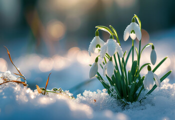 Snowdrop flowers growing up through the snow in early spring. Snowdrops on the snow, beautiful...