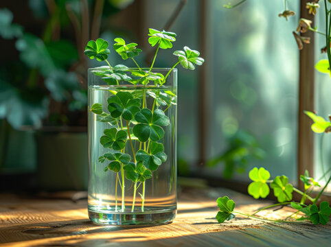 Green Water Clover leafs in glass of water on wooden table in the sunlight. Clover or trefoil medicinal herbs.