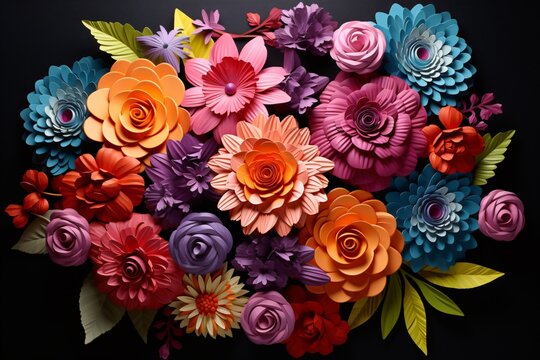 a group of colorful paper flowers