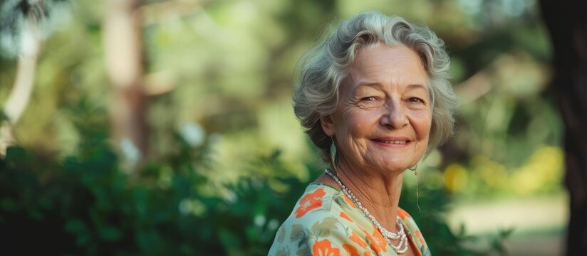 Happy elderly woman enjoying a leisurely day in the beautiful city park, smiling and feeling content