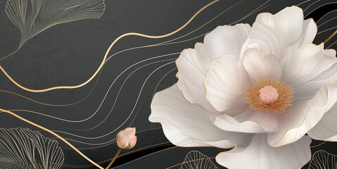 Luxury minimal style wallpaper with golden line, art flower and botanical leaves
