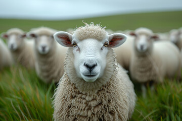 Fototapeta premium A group of sheep are in the grass. Sheep stares at the camera with other sheep in the background