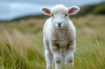 Small lamb looks at the camera while standing in grassy field