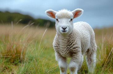 Small lamb looks at the camera in grassy field. A lamb standing in the grass with a large white head