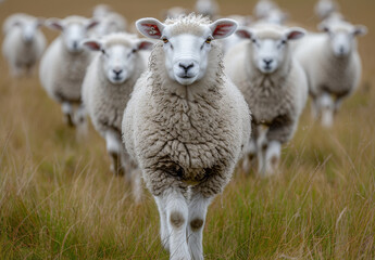 Fototapeta premium A large group of sheep is walking around a field. Single sheep stands out from the herd as it moves across field