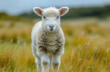 Obraz premium Small lamb looks at the camera while standing in field of tall grass