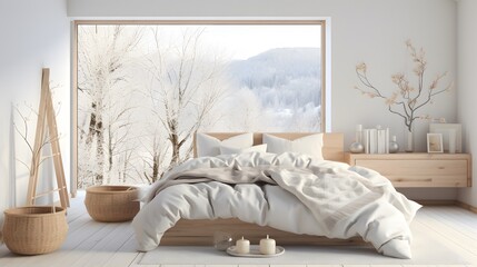 A serene bedroom with light wooden floors, white walls, and a large window overlooking a snow-covered landscape. A plush white duvet covers the bed, 
