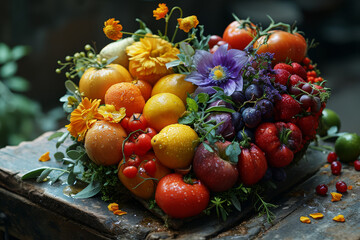 Fresh fruits and vegetables on wooden table. A large heart made of fruits and vegetables