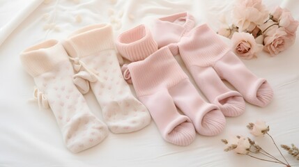 A serene flat lay composition highlighting a set of hand-knitted baby socks in soothing pastel tones, arranged delicately on a soft, textured blanket.