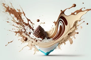 Fototapeten A splash of milk and white chocolate. Chocolate on white background. © Olha