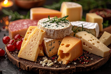Various types of cheese on wooden board with spices. Cheese plate on a black background