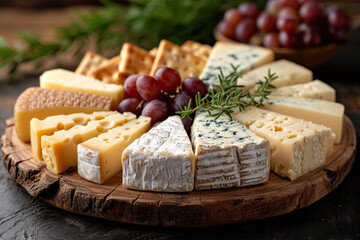 Assorted cheeses and grapes on wooden board. Cheese plate