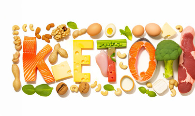 The KETO inscription consists of different protein-containing foods on a white background