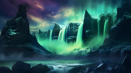 The light of the waterfall is the word aurora.,,
A castle on a cliff with the aurora borealis in the background