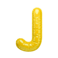 Yellow volumetric letter J with a glossy texture. Letter in the form of a balloon isolated on a transparent background. PNG 3D render. Letter of the Latin alphabet.