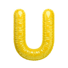 Yellow volumetric letter U with a glossy texture. Letter in the form of a balloon isolated on a transparent background. PNG 3D render. Letter of the Latin alphabet.