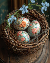 Easter eggs in nest with flowers. Some painted nesting easter eggs are sitting in a basket on an old wooden table