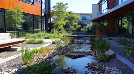 An office courtyard featuring a beautiful rain garden utilizing a rainwater harvesting system to filter and return the water back into the ground for a more sustainable landscape.