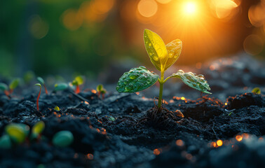Young plant growing in the morning light and sun. The image of a plant with sun coming up