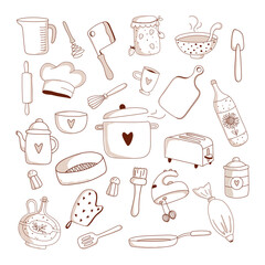 Hand drawn set of kitchen elements in doodle style. Cooking cartoon accessories collection. Food preparation vector icons