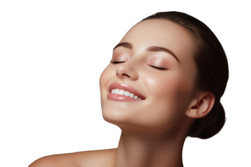 Obraz premium Portrait of young beautiful woman with perfect smooth skin isolated over white background. Perfect face, taking care after skin condition. Isolated on a transparent background.