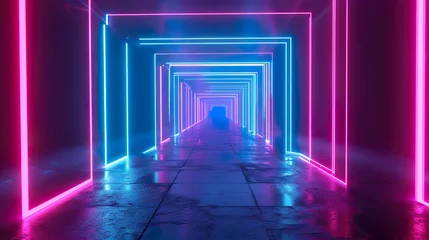 Foto op Plexiglas 3d render, abstract neon background, space tunnel turning to left, ultra violet rays, glowing lines, virtual reality jump, speed of light, space and time strings, highway night lights © Nicholas