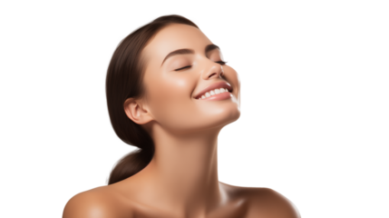 Portrait of young beautiful woman with perfect smooth skin isolated over white background. Perfect face, taking care after skin condition. Isolated on a transparent background.