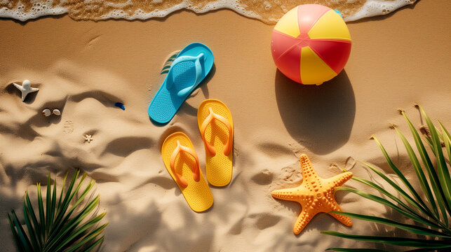 Beach accessories on the sand, top view