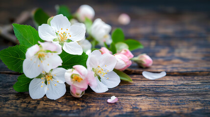 Fototapeta na wymiar Spring apple blossoms flowering branch on wooden table background. Growth and spring concept. Copyspace