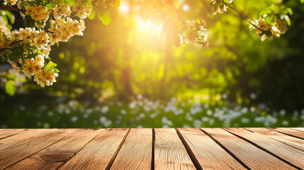 Naklejka na ściany i meble Spring or summer background with empty wooden table. Copyspace