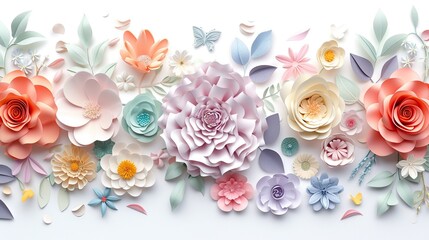 3d paper flowers isolated on white background, decorative design elements, greeting card