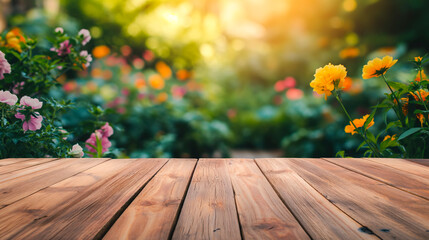 Naklejka na ściany i meble Spring or summer background with empty wooden table. Copyspace