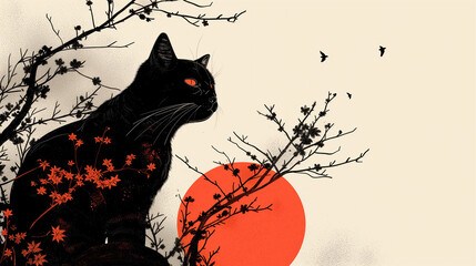 Black Cat. Surreal Illustration in Japanese Style