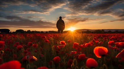 A serene sunrise over a field of poppies, with a lone soldier paying respects at a war memorial. - obrazy, fototapety, plakaty