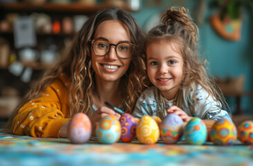 Fototapeta na wymiar Mother and daughter painting Easter eggs.
