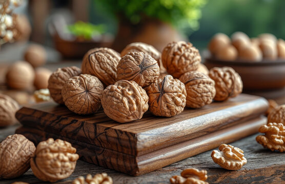Walnuts on wooden table. Beautiful ripe nuts