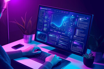 Tech-savvy person seated in a chair and working on computer device isolated in colorful background, business infographic elements, man works with charts and graphs, data analyze and Big data concept - obrazy, fototapety, plakaty