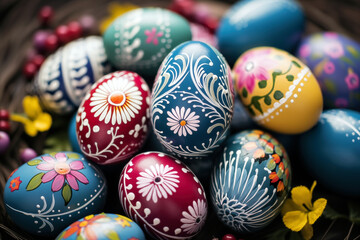 Painted easter eggs in basket on wooden background, closeup
