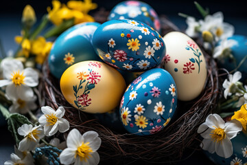 Fototapeta na wymiar Easter eggs in a nest with spring flowers on a dark background
