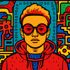 pattern with graffiti guy in red glasses