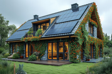 House with solar panels on the roof covered with ivy. Photovoltaic system on the roof