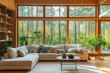 Nordic or Scandinavian home interior design of modern living room in house in forest, with trees outside the windows