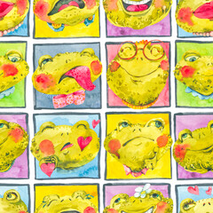 Cute Frog Seamless Pattern, Happy Faces - 735420789