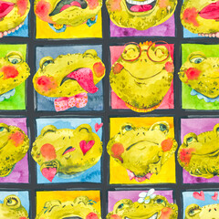 Cute Frog Seamless Pattern, Happy Faces - 735420795