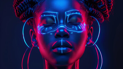 The face of an African or African-American woman or a robot in the style of afrofuturism
