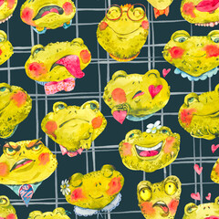 Cute Frog Seamless Pattern, Happy Faces - 735420934
