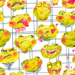 Cute Frog Seamless Pattern, Happy Faces - 735420943